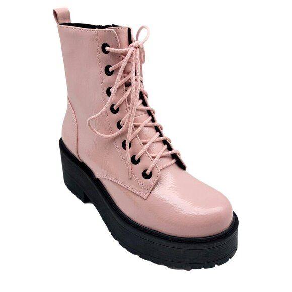 Fling Pink Combat Boots On Chunky Platform with Lug Soles and Side Zipper - Picture 4 of 7